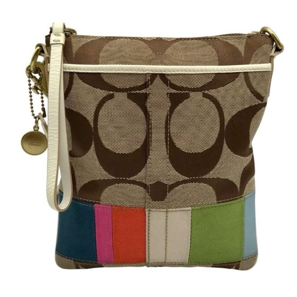 Coach Beige Signature Canvas crossbody with Multicolor Stripe Accent